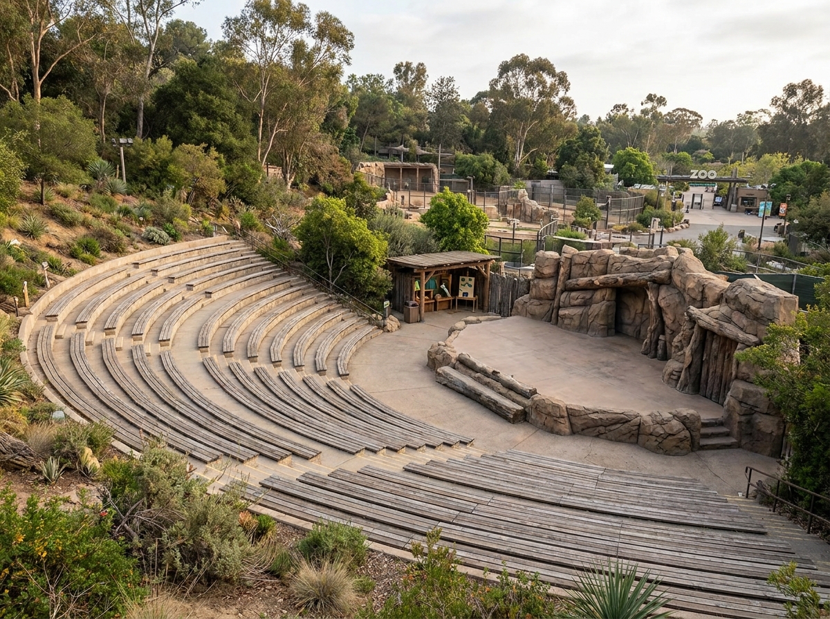 An empty amphitheater at a zoo, set up for a special ticketed event.