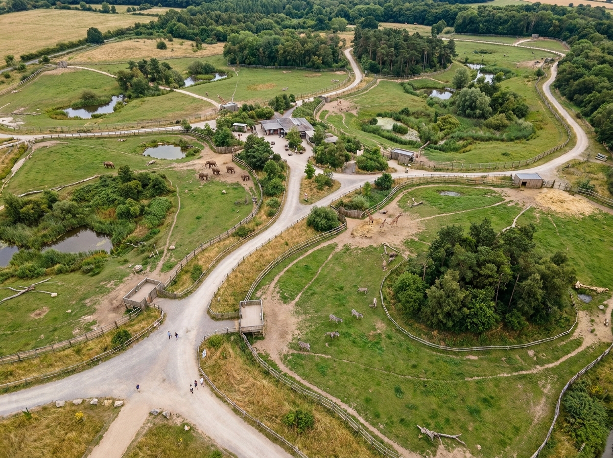 An aerial view of a spacious animal sanctuary, a user of our ticketing platform.
