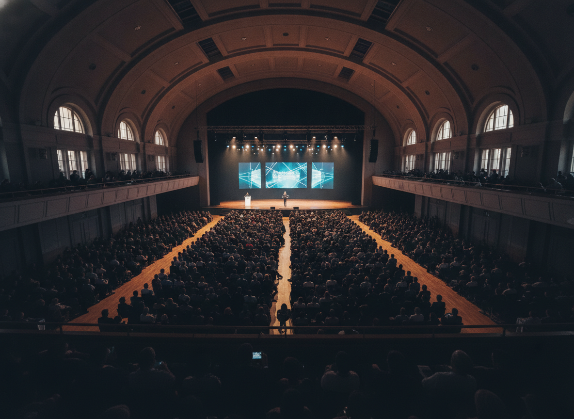 A large audience listening to a speaker, highlighting the reach achieved through attendee insights.