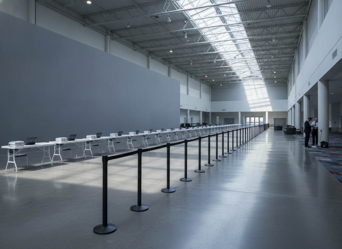 Multiple empty check-in stations at an event, prepared for team collaboration.