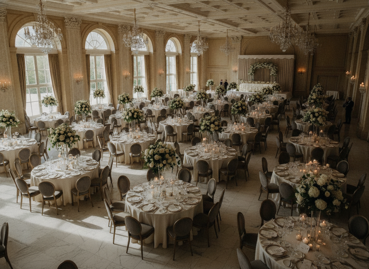 A large banquet hall with tables set for a catered event.