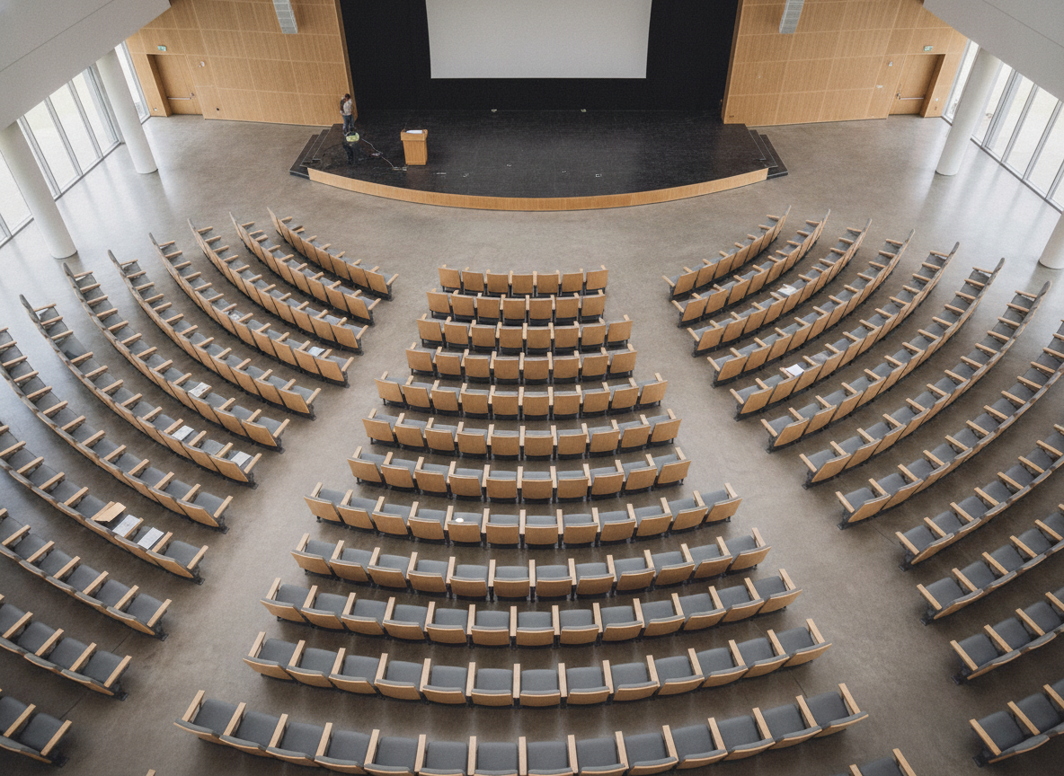 Neatly arranged seating at a conference, ready for attendees.