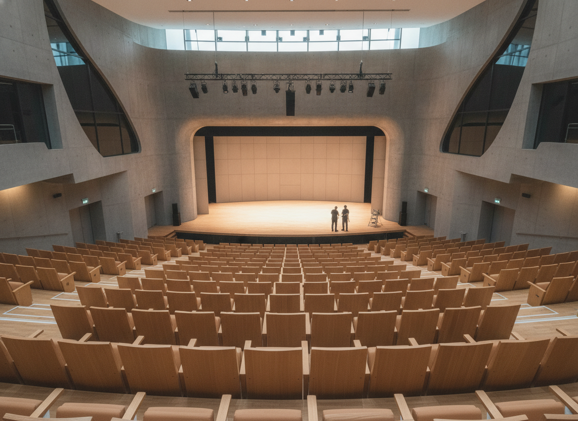 An empty, modern auditorium prepared for an event presentation.