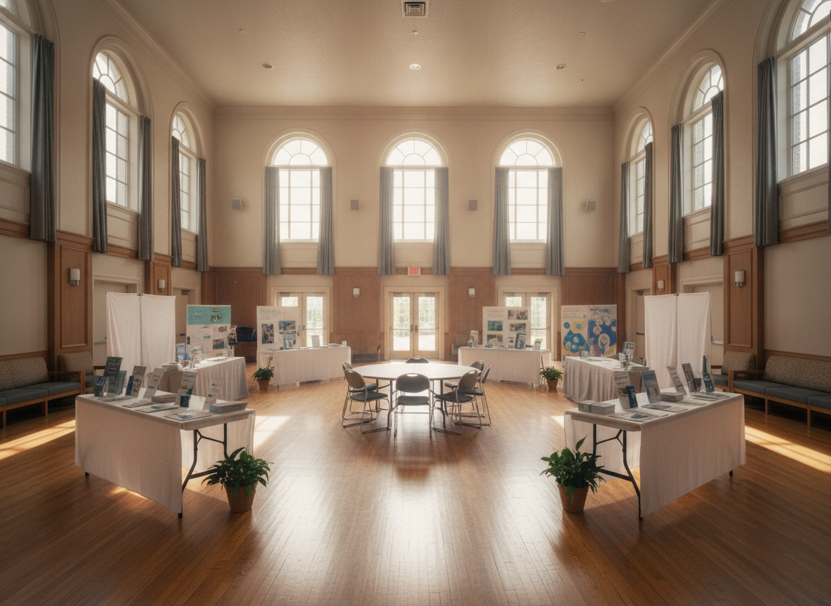 A community event space set up for a nonprofit fundraiser to facilitate charity ticket sales.