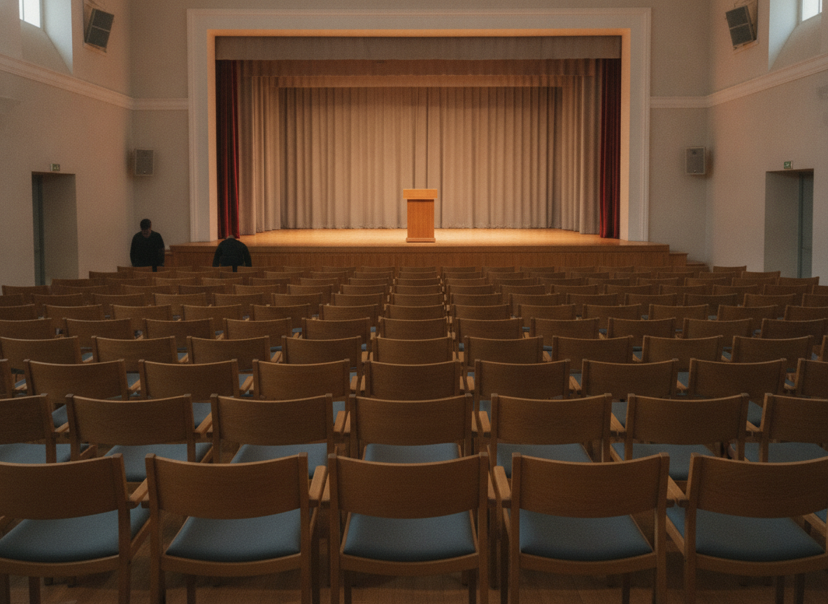An auditorium prepared for a presentation at a fundraising event.