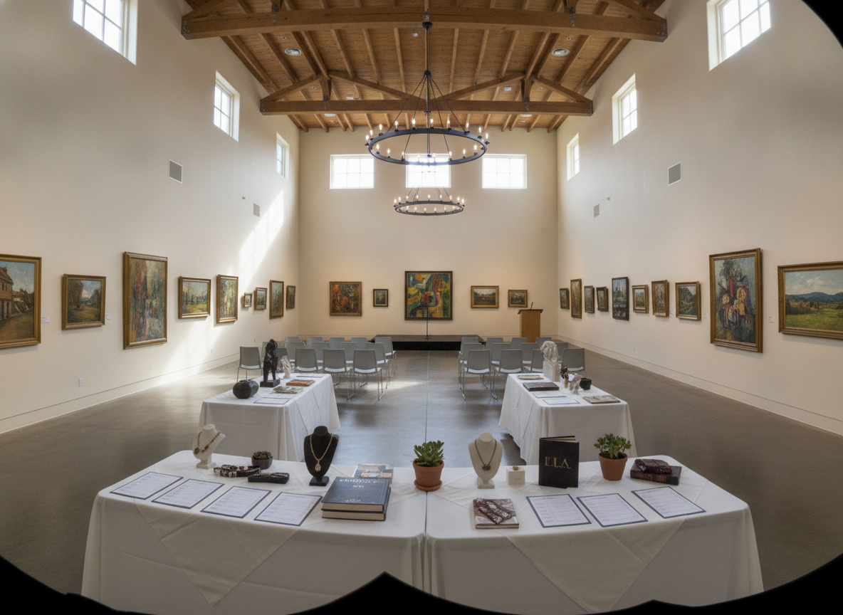 An art gallery prepared for a silent auction, an event using fundraiser ticketing.