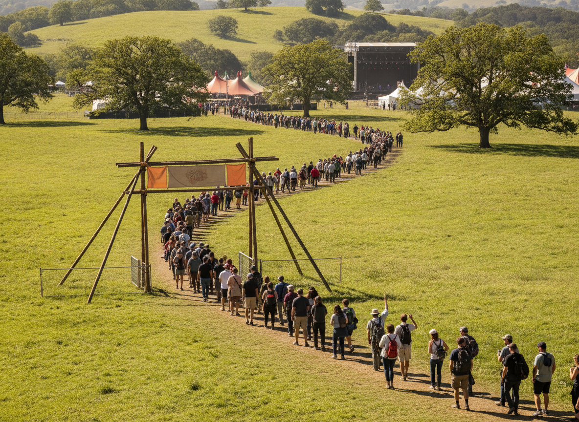 A line of attendees waiting to enter an event, showing high ticket sales from email campaigns.