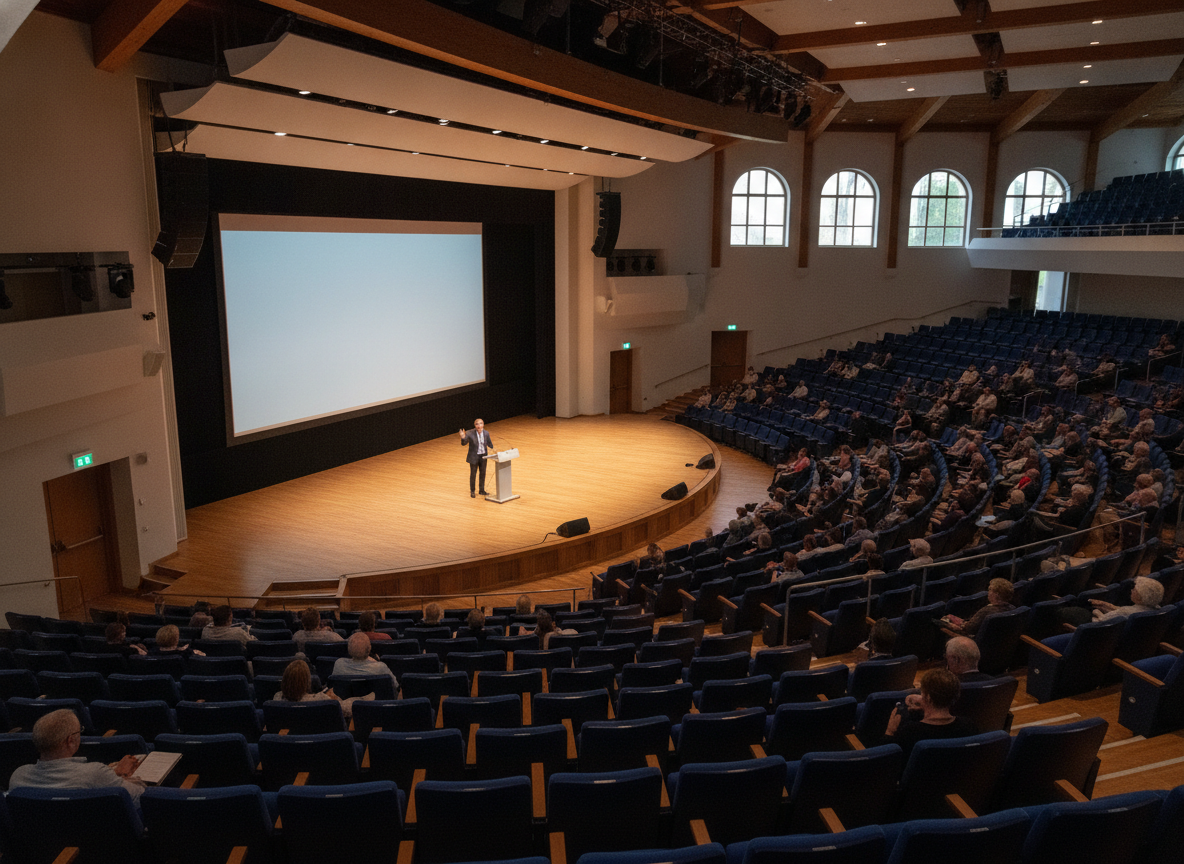 A speaker on stage addresses a full audience, a result of effective event email marketing.