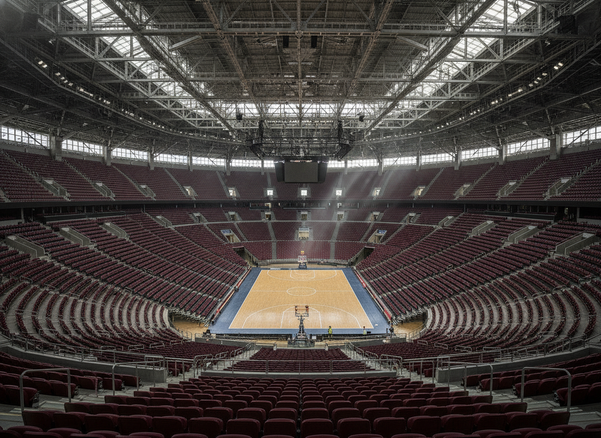 An empty arena with tiered seating, ready for an event powered by Eventbrite's payment processing.