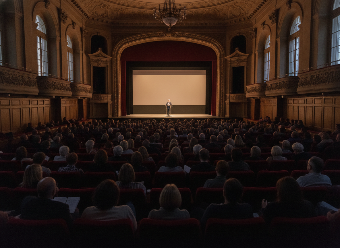 A sold-out talk in a theater, a result of a successful social media event advertising campaign.