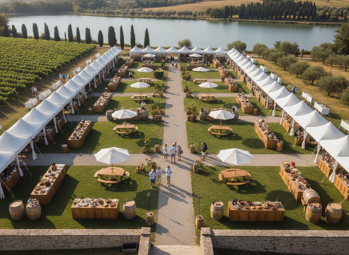 An aerial view of a busy food festival, demonstrating the power of a strong event advertising platform.