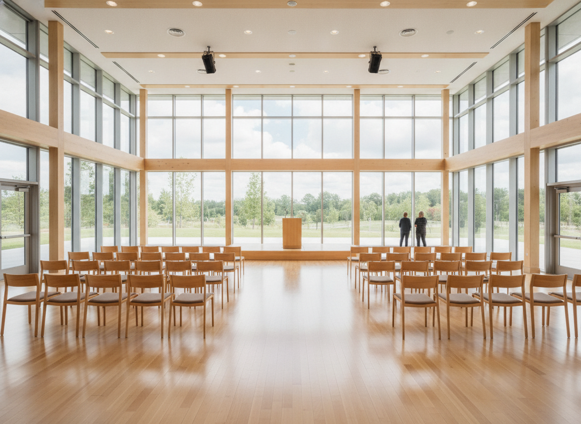 A community center room prepared for a free event, illustrating Eventbrite's no-cost event ticketing.