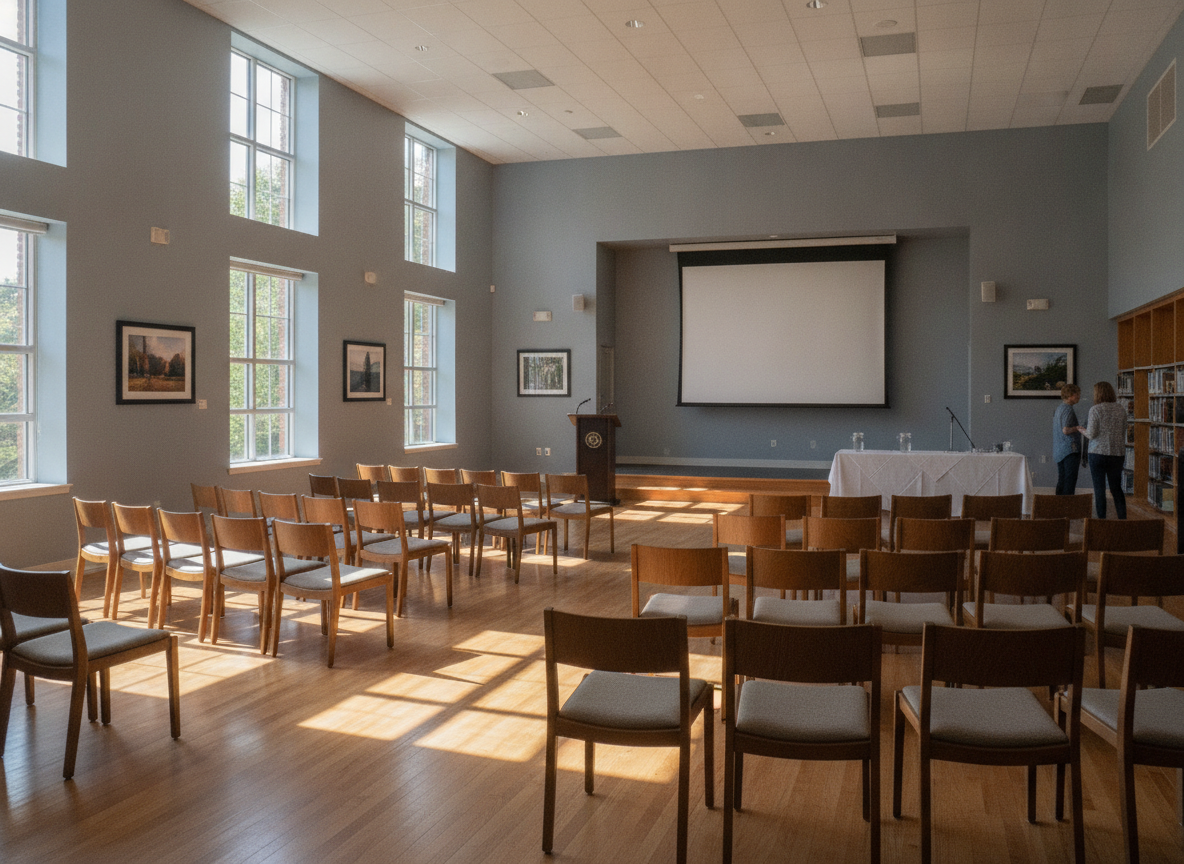 A community library space prepared for a free workshop organized on Eventbrite.