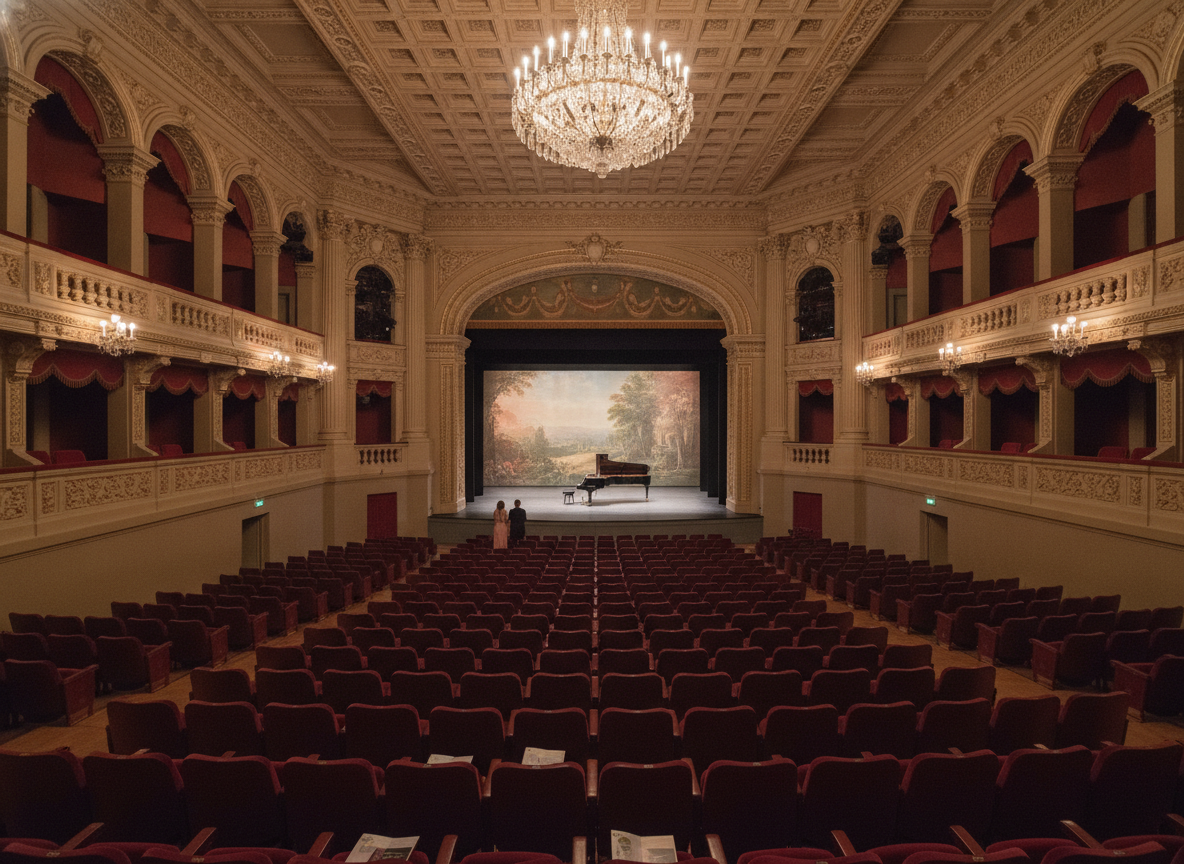 An empty theater with seating tiers suitable for a group booking event.