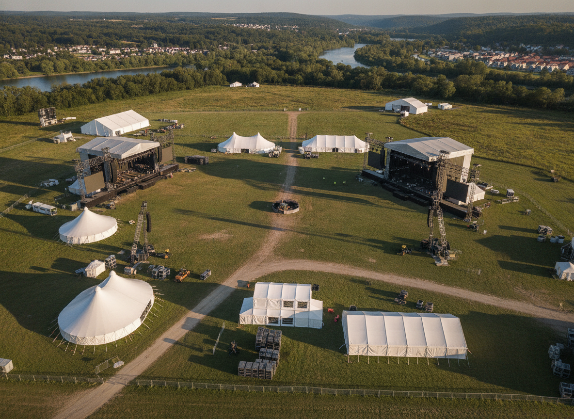 An outdoor event space being prepared, ideal for events that require group ticket management.