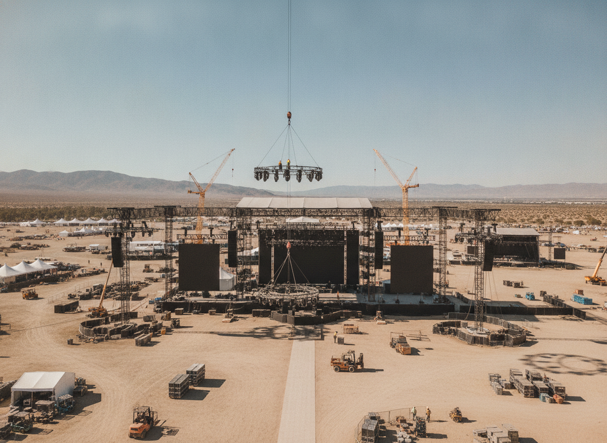 A large festival stage under construction, representing a high-ticket event that can use instalment payments.