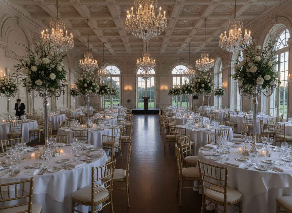 An elegantly set ballroom for a gala, an event type suited for split payment tickets.