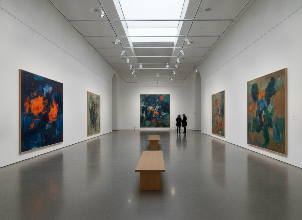 An empty art gallery prepared for a high-end exhibition, where tickets could be sold with instalment plans.