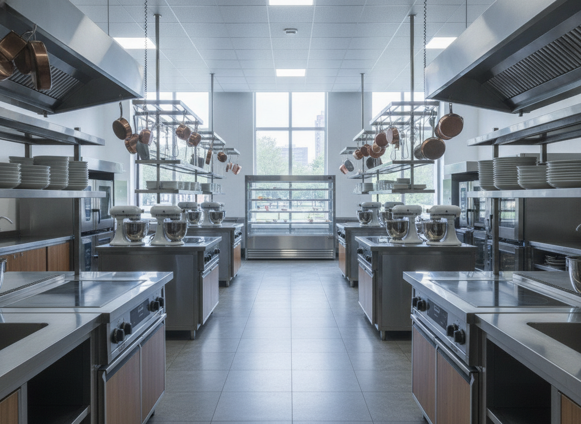 An empty professional kitchen for a culinary workshop, where instalment ticket payments could increase sign-ups.
