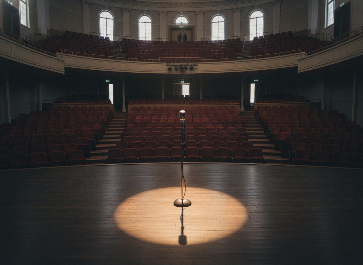 Looking out from the stage at the empty seats of an auditorium, ready for a season of events.