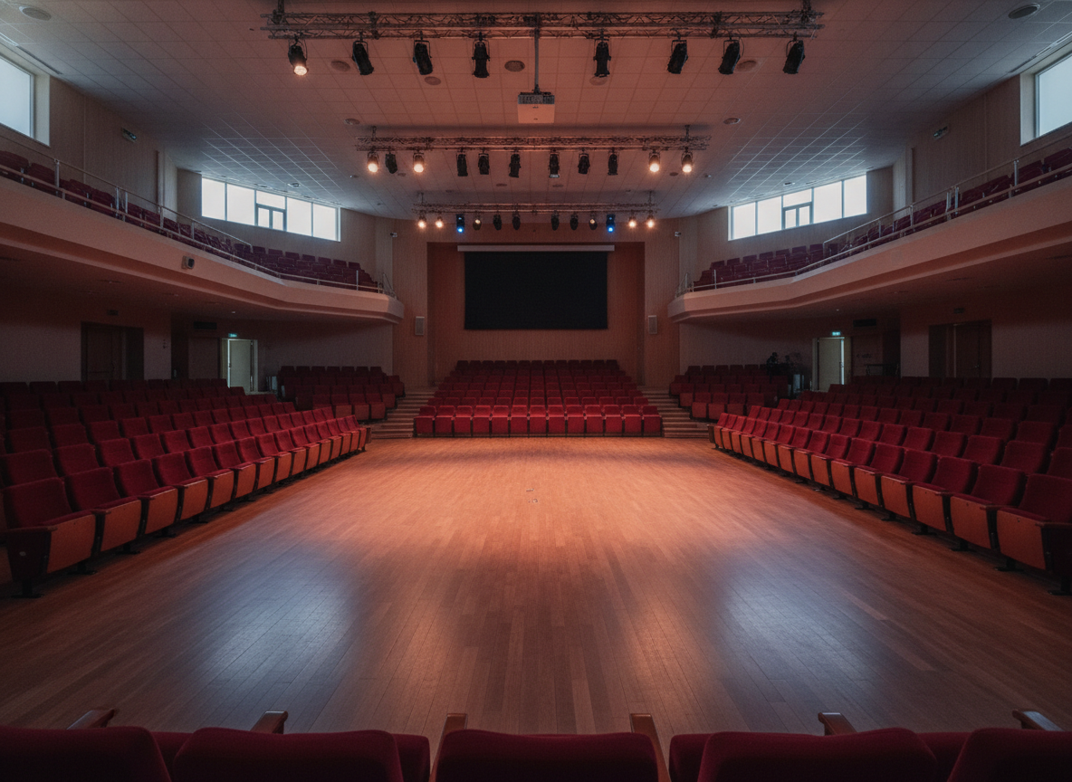 An empty theater auditorium with lit stage, awaiting attendees who bought tickets with a discount code.