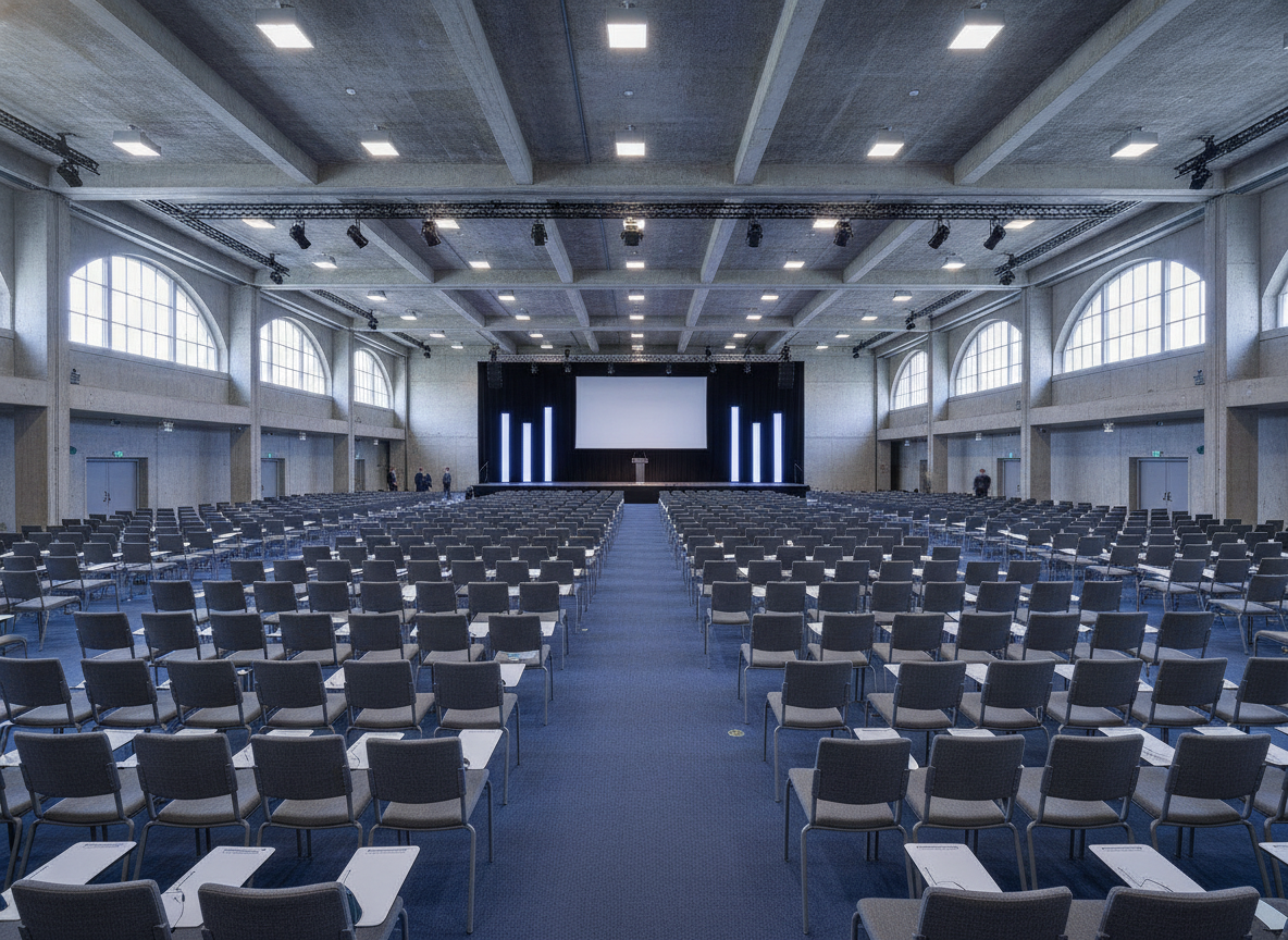 A large, empty conference hall prepared for an event, managed with Eventbrite's integrated tools.