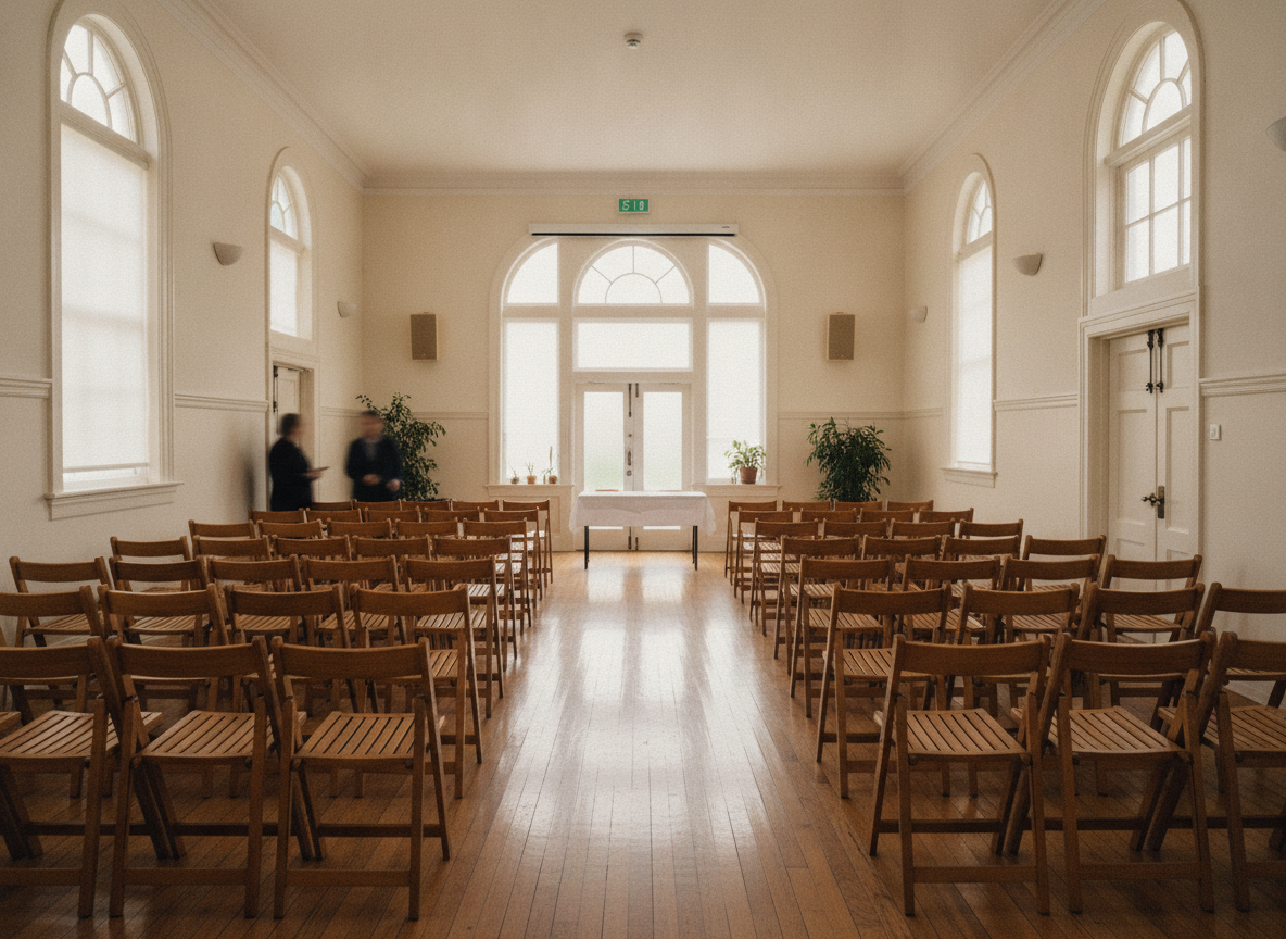 A community hall prepared for a recurring event.