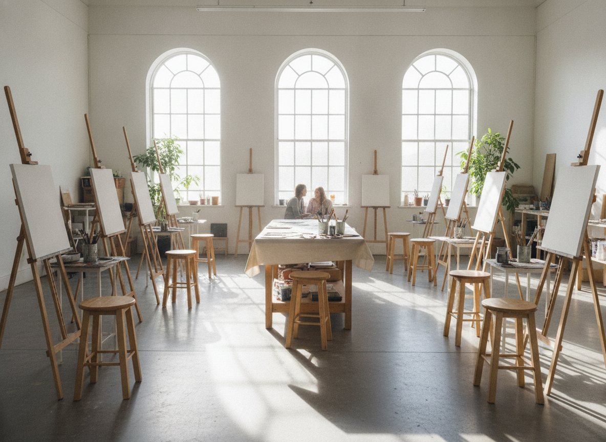 An art studio set up for a recurring class or workshop series.