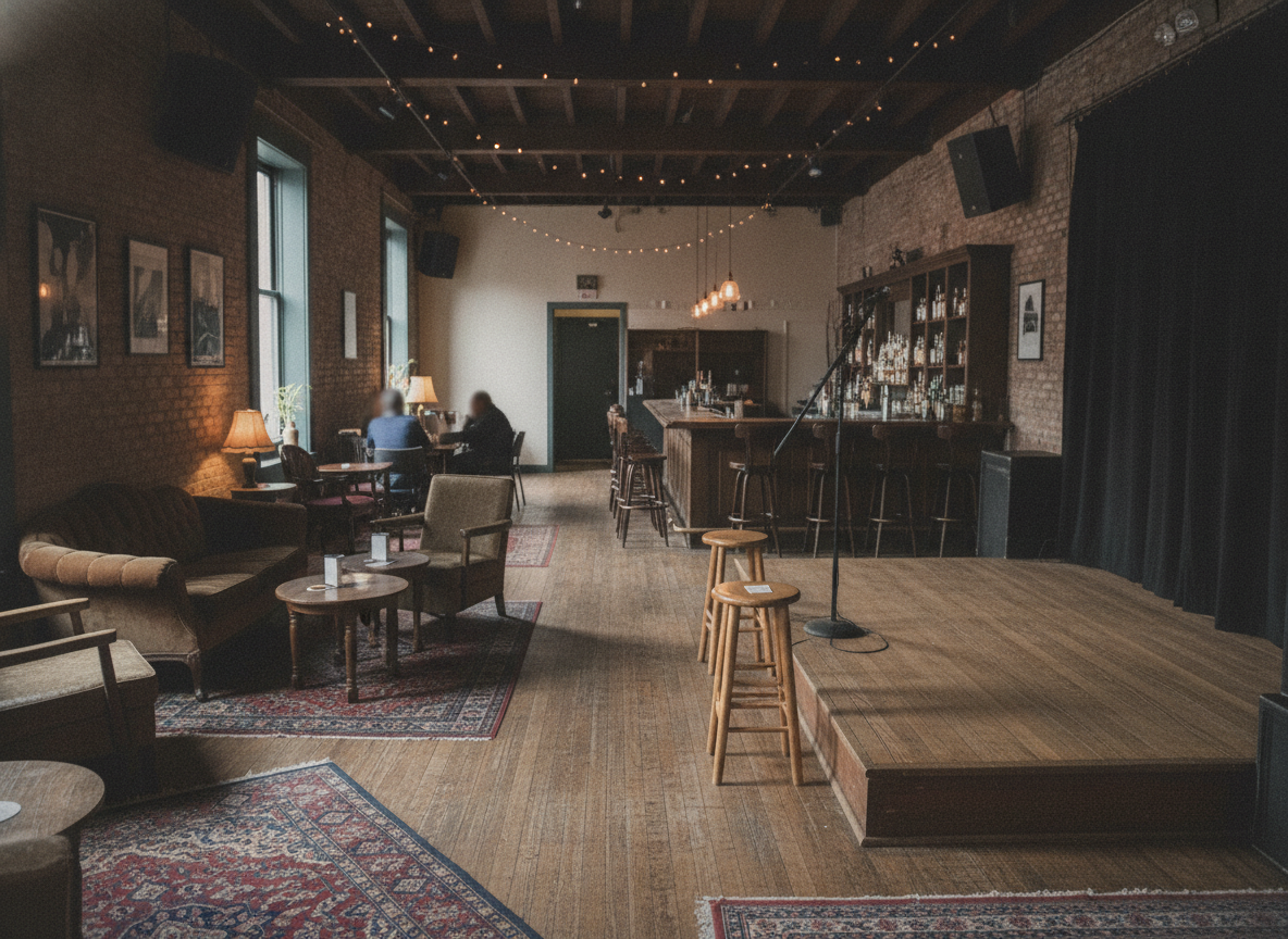 A small music venue prepared for a recurring weekly open mic night.
