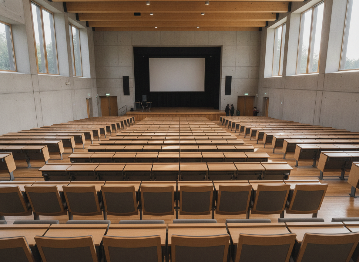An empty lecture hall, symbolizing organized and reliable event operations.