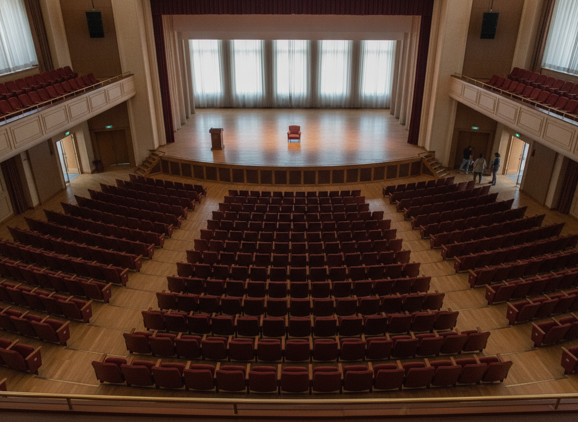 An empty auditorium prepared for an event, showcasing attendee management capabilities.