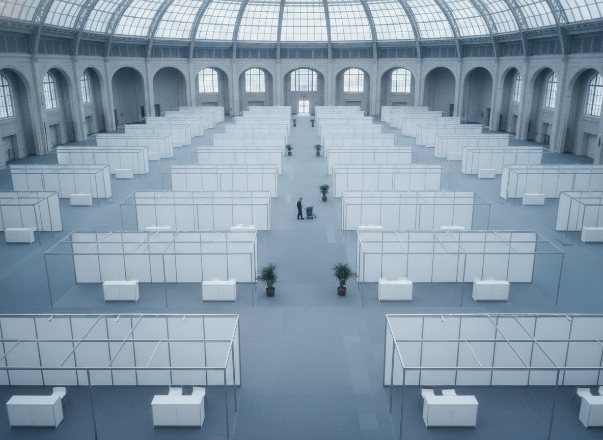 An empty exhibition hall set up for a large event, a key feature of a great attendee management platform.