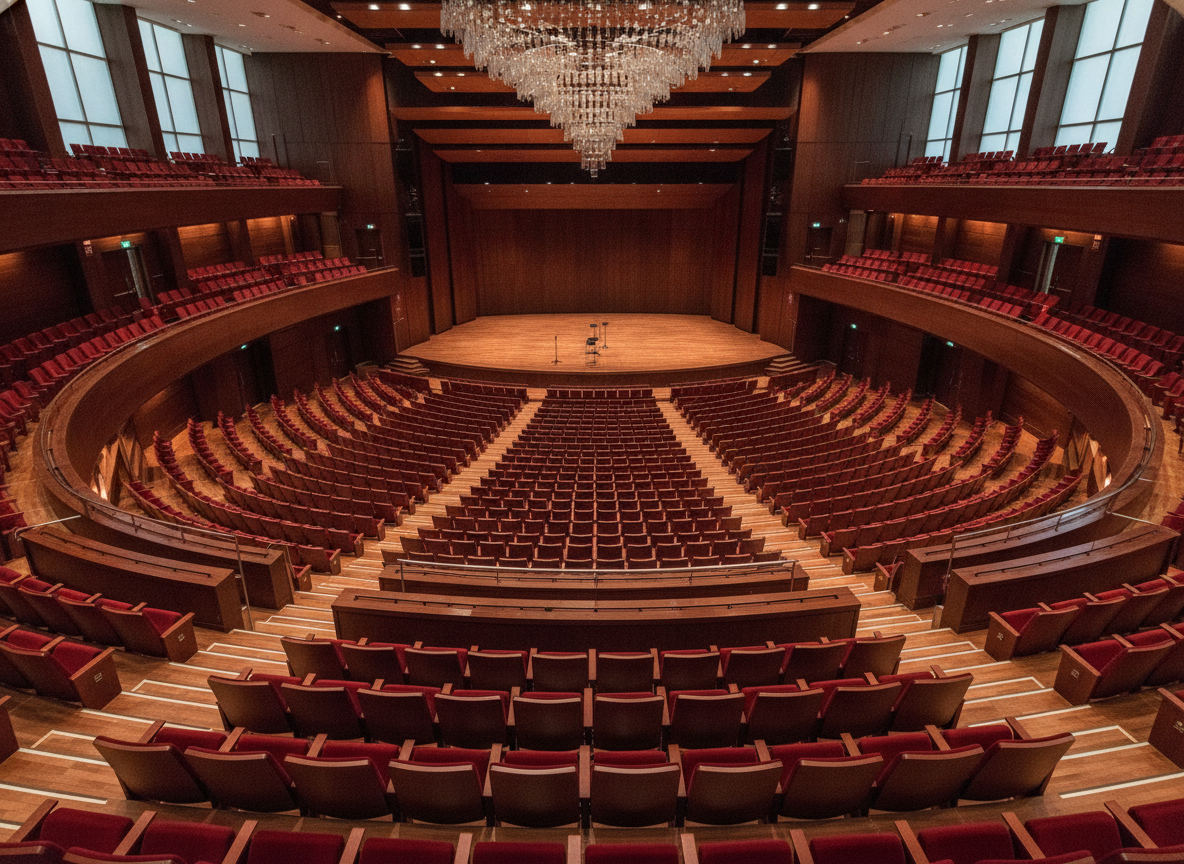 A modern concert hall with tiered, allocated seating ready for an event.