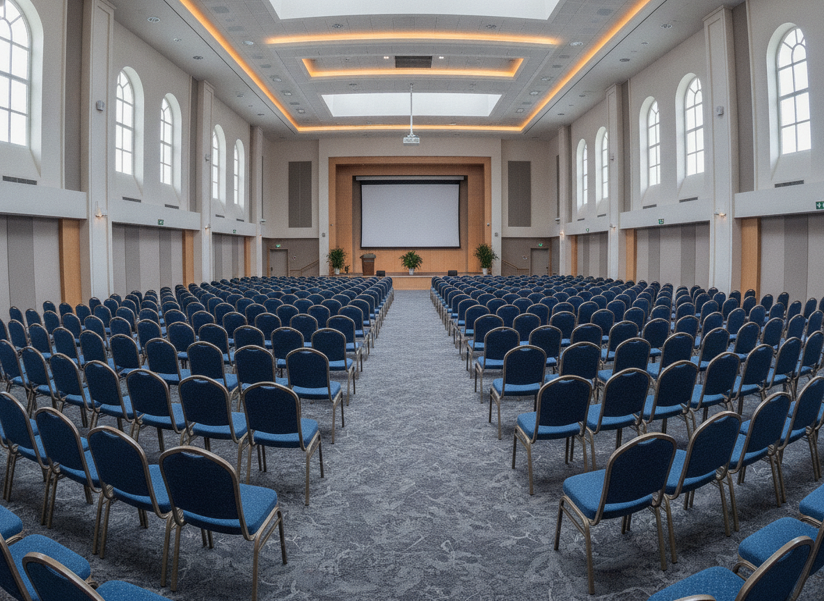 An auditorium set up with reserved seats for a corporate conference.