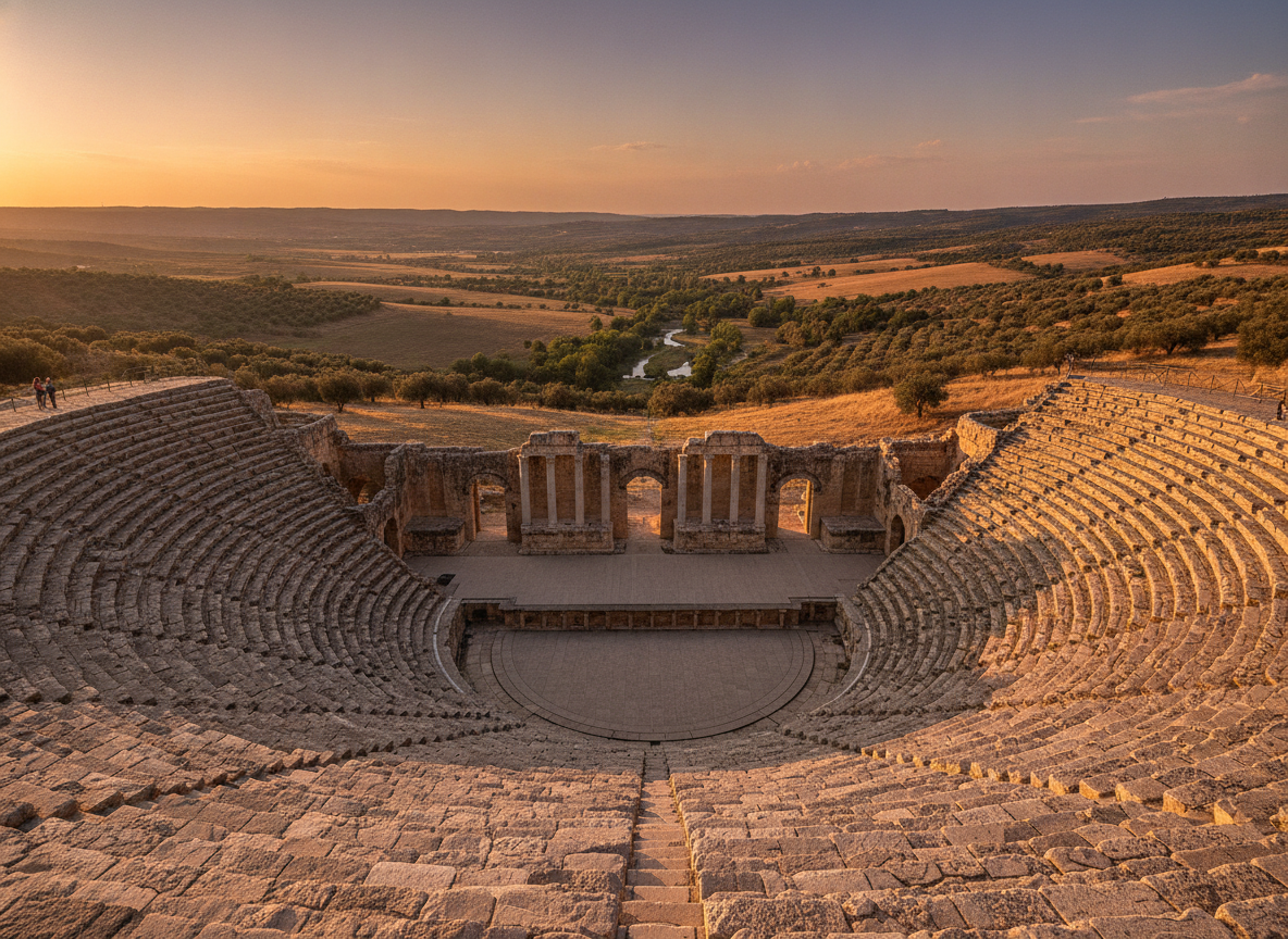 An outdoor amphitheater with tiered seating for a festival or concert.