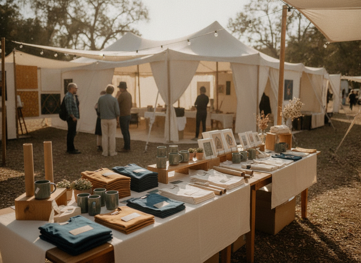 A branded merchandise table at a festival, representing an event that sells tickets on its own site.