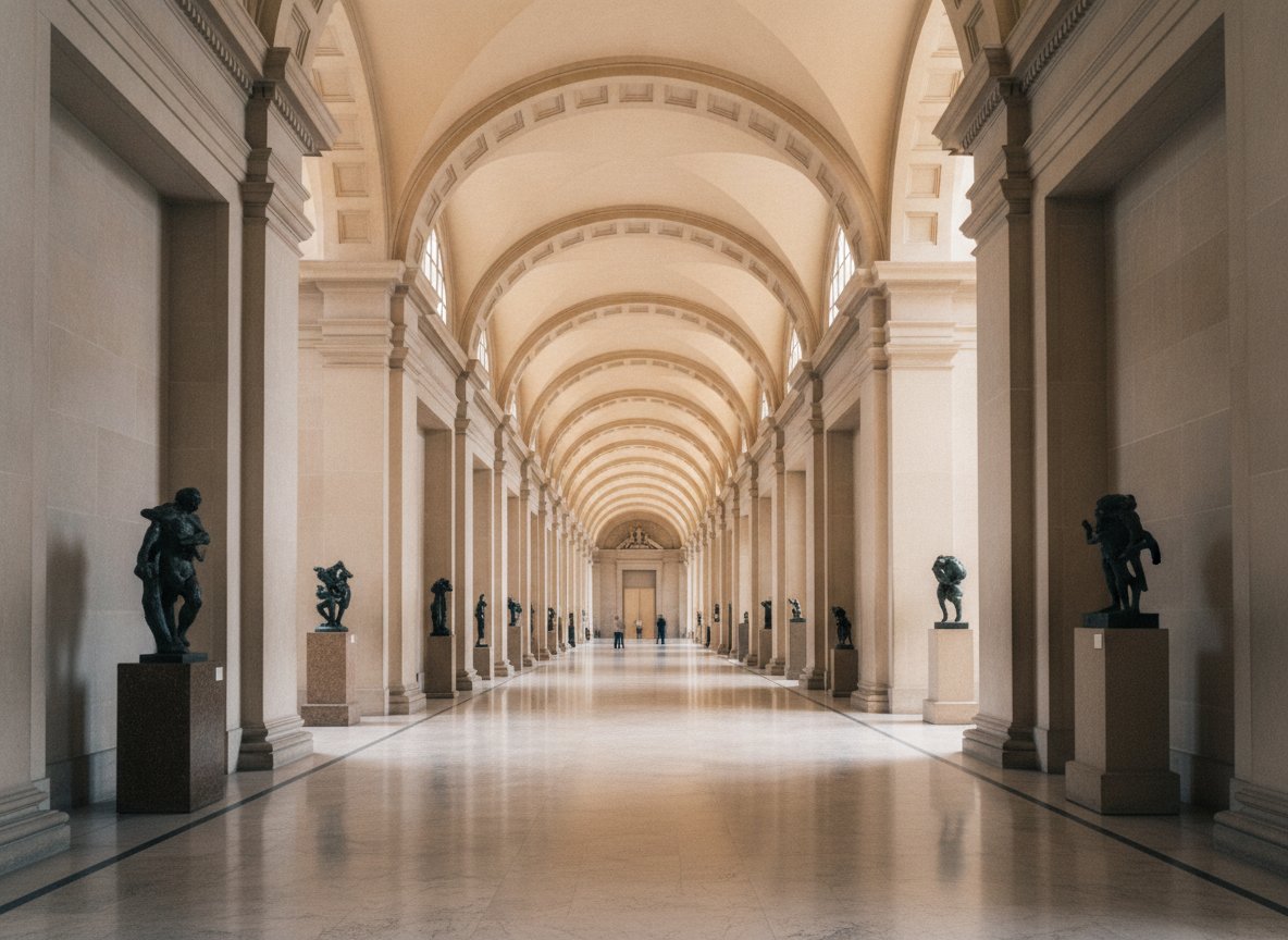 An empty hallway in a grand museum, illustrating controlled visitor flow.