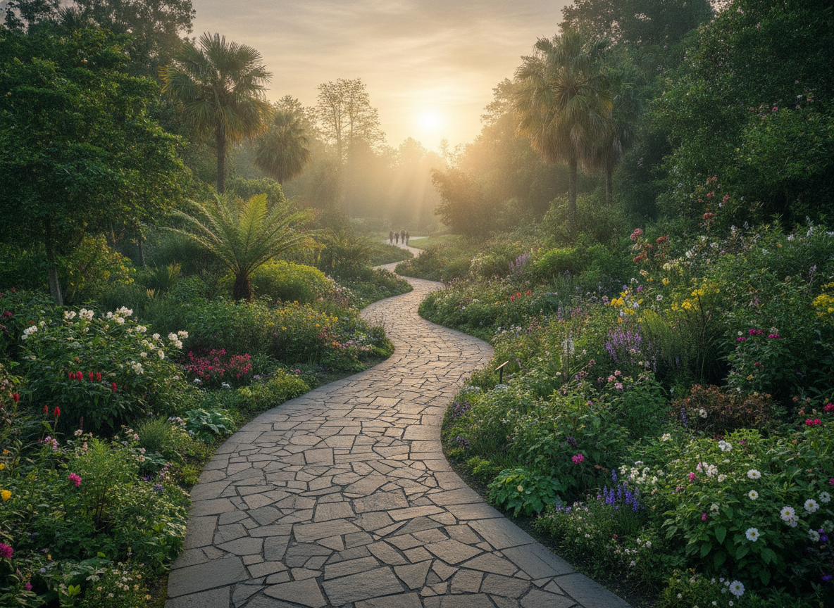 A tranquil path in a botanical garden, a venue that uses time slot ticketing.