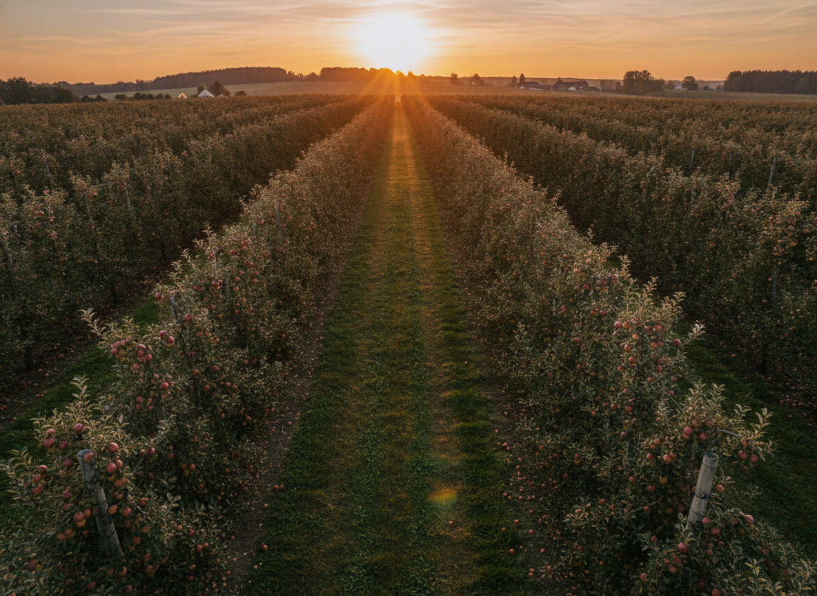 An empty apple orchard, a type of attraction that often uses timed entry tickets.