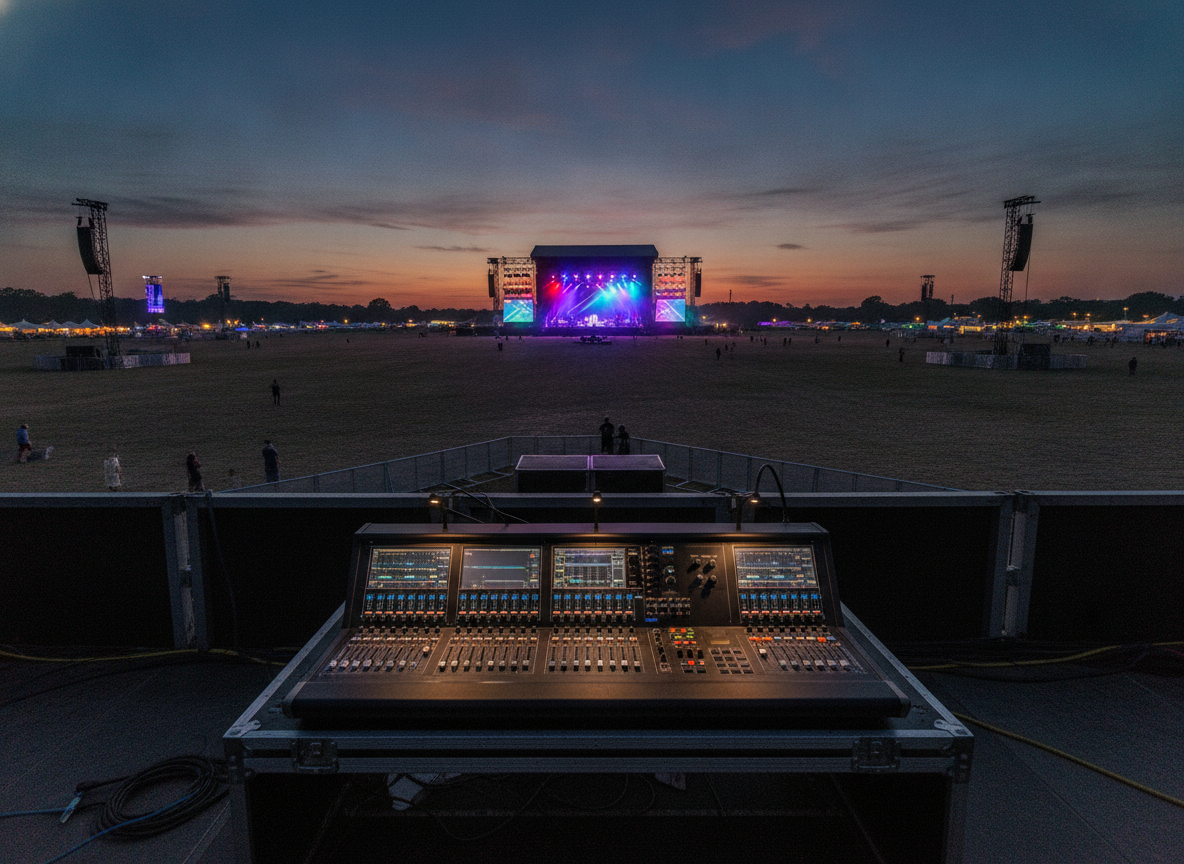 A festival stage at dusk before the crowd arrives, showing a great attendee experience starts early.