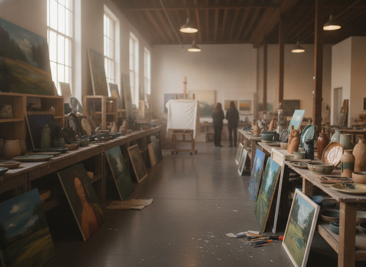 A local art studio showcasing finished pieces, a popular venue for art classes.