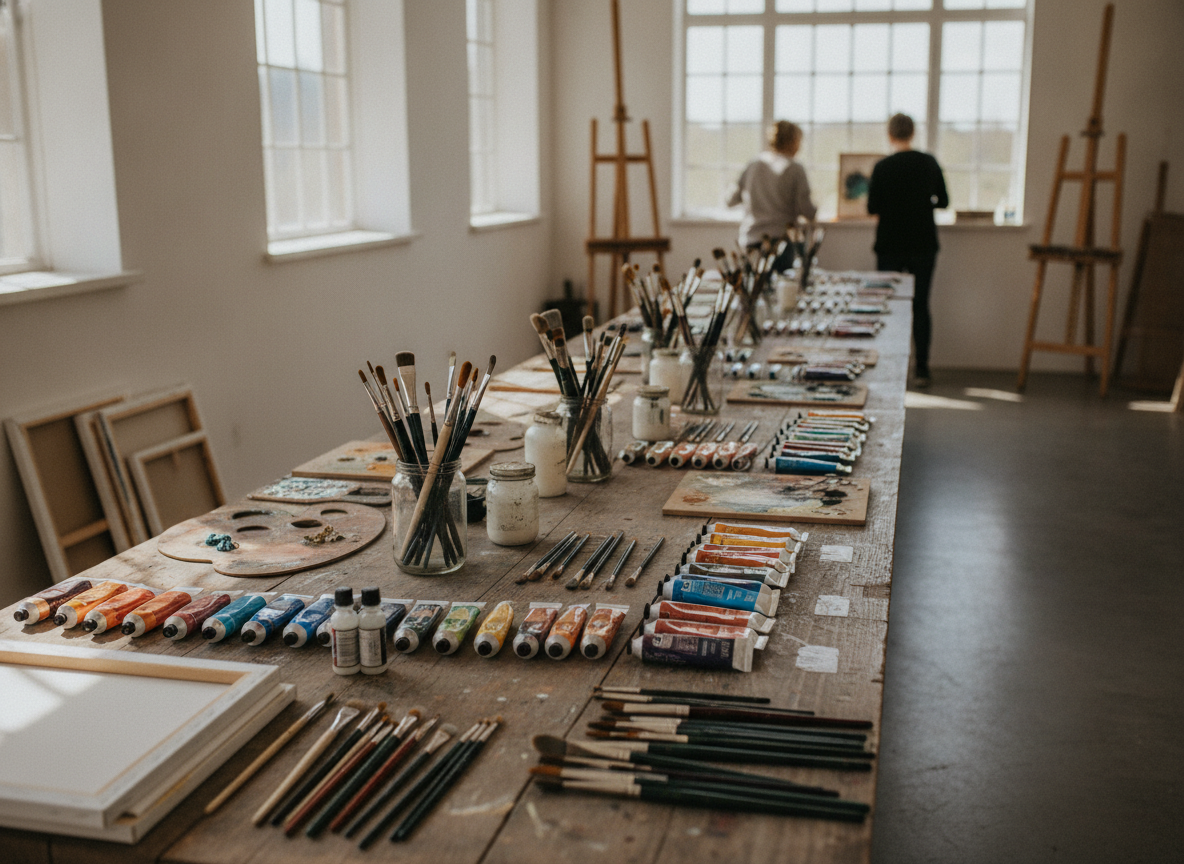 Art supplies organized on a table before a painting class.