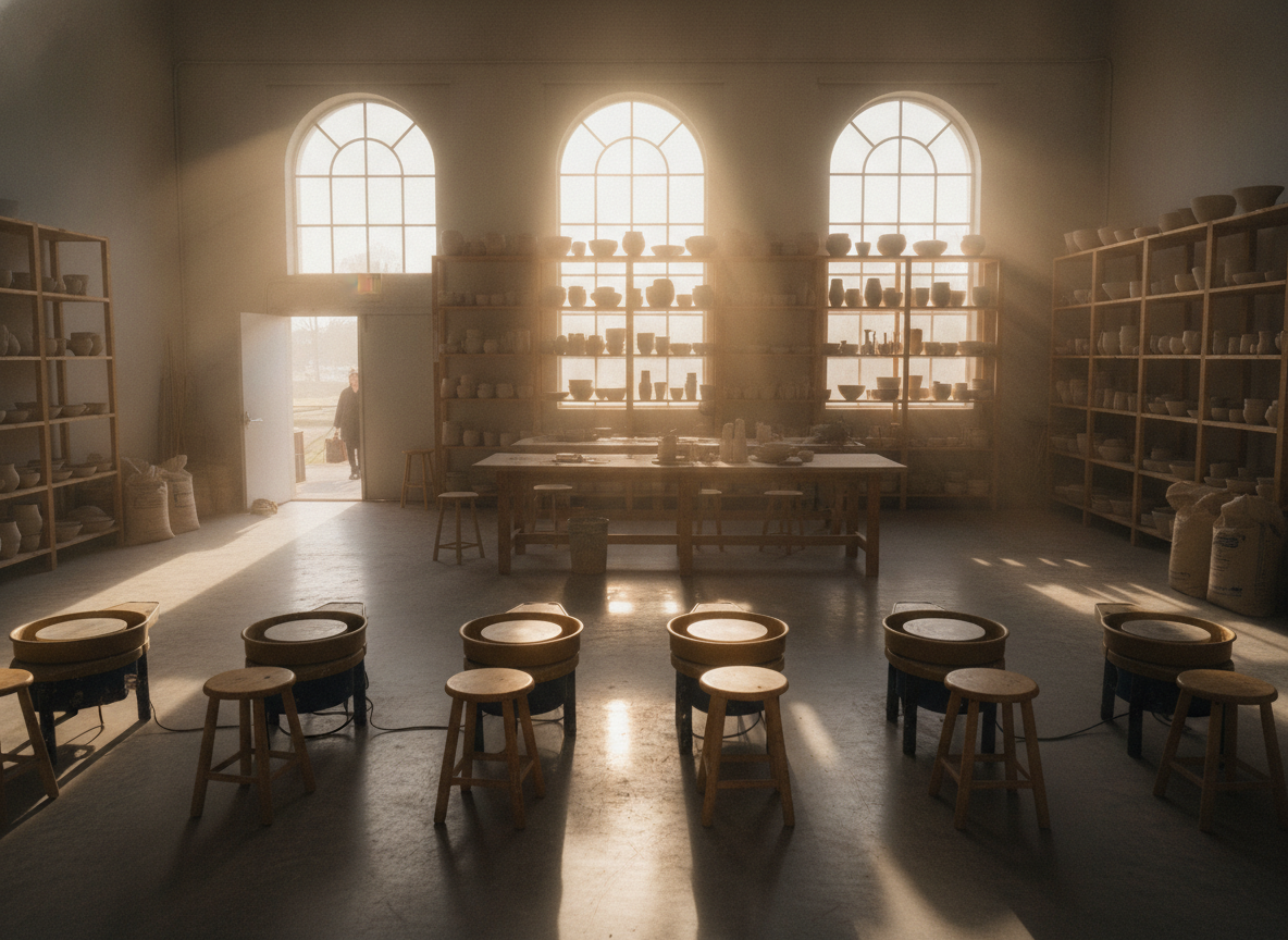 An empty pottery studio prepared for a creative workshop.
