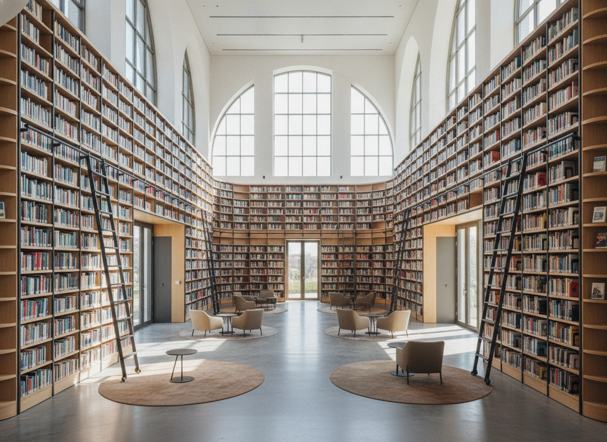 Floor-to-ceiling bookshelves in a modern library, representing a large audience of readers.
