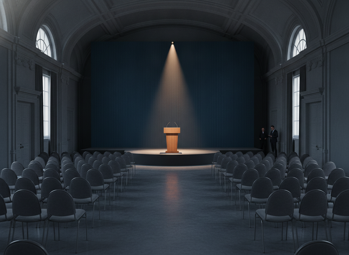 An empty event space with chairs set up for a book launch Q&A session.