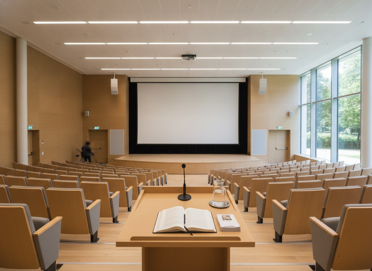 A modern auditorium with empty seats, professionally set up for an author's book launch event.