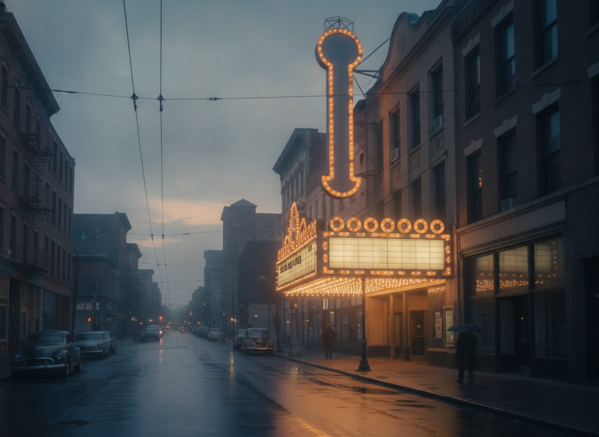 A brightly lit marquee outside a venue for a comedy show.