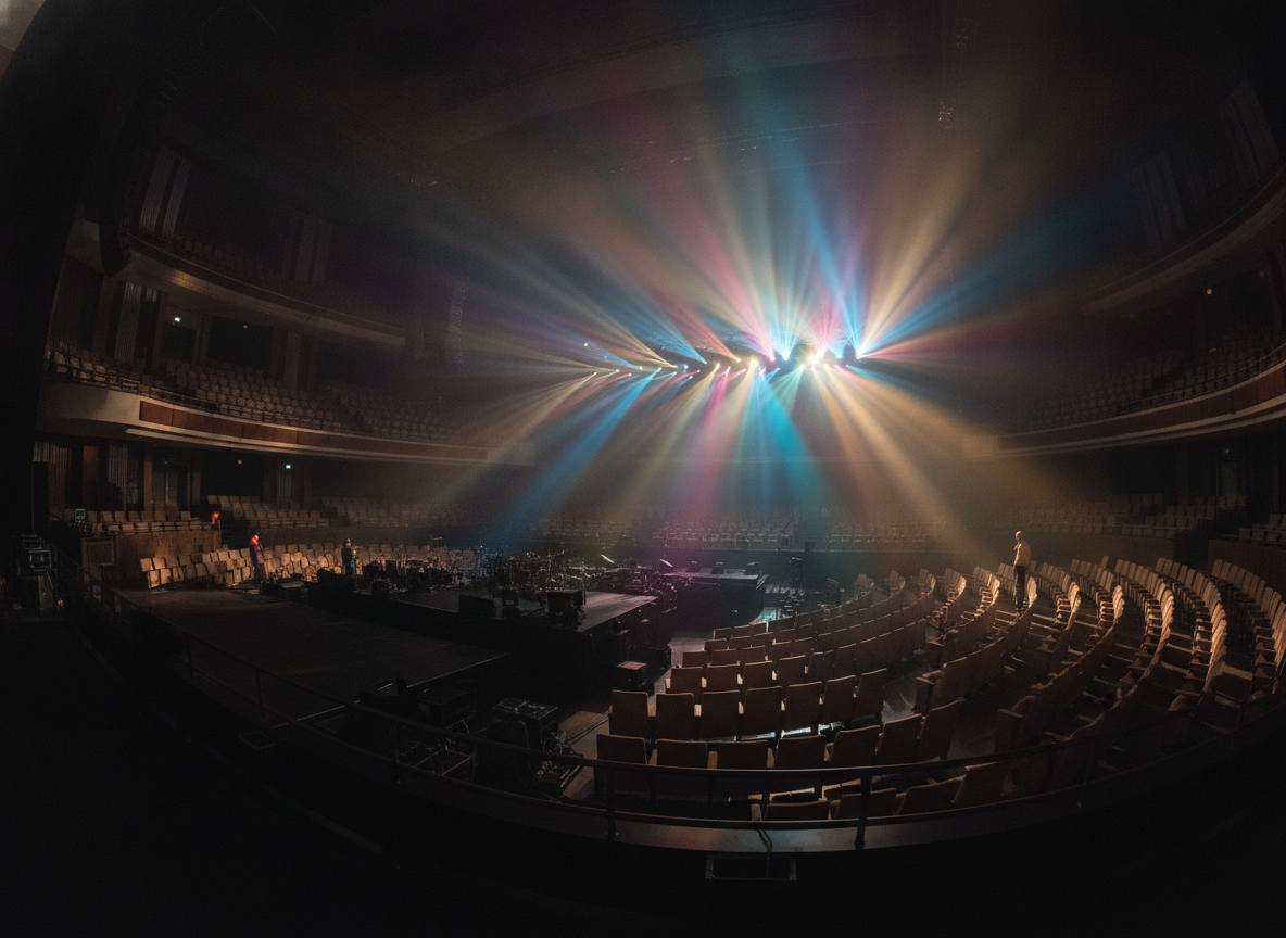 Stage lighting prepared for a stand-up comedy performance.