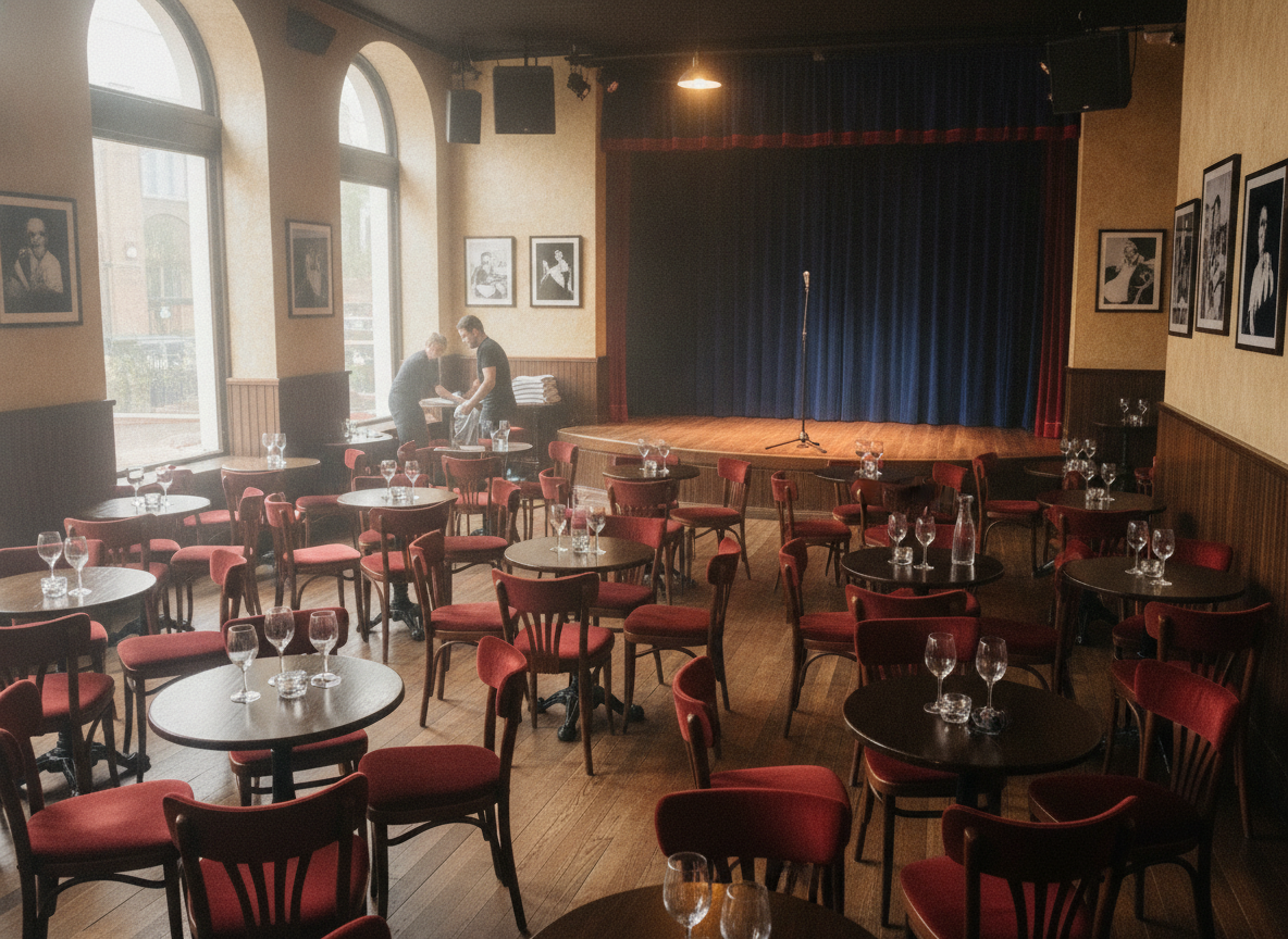 The interior of a comedy club with tables and chairs set up for a show.
