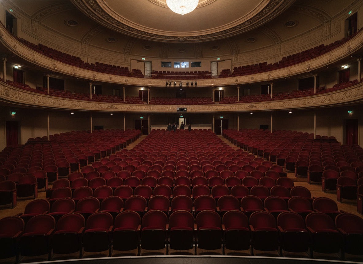 View from the stage of an empty theater ready for a comedy event.
